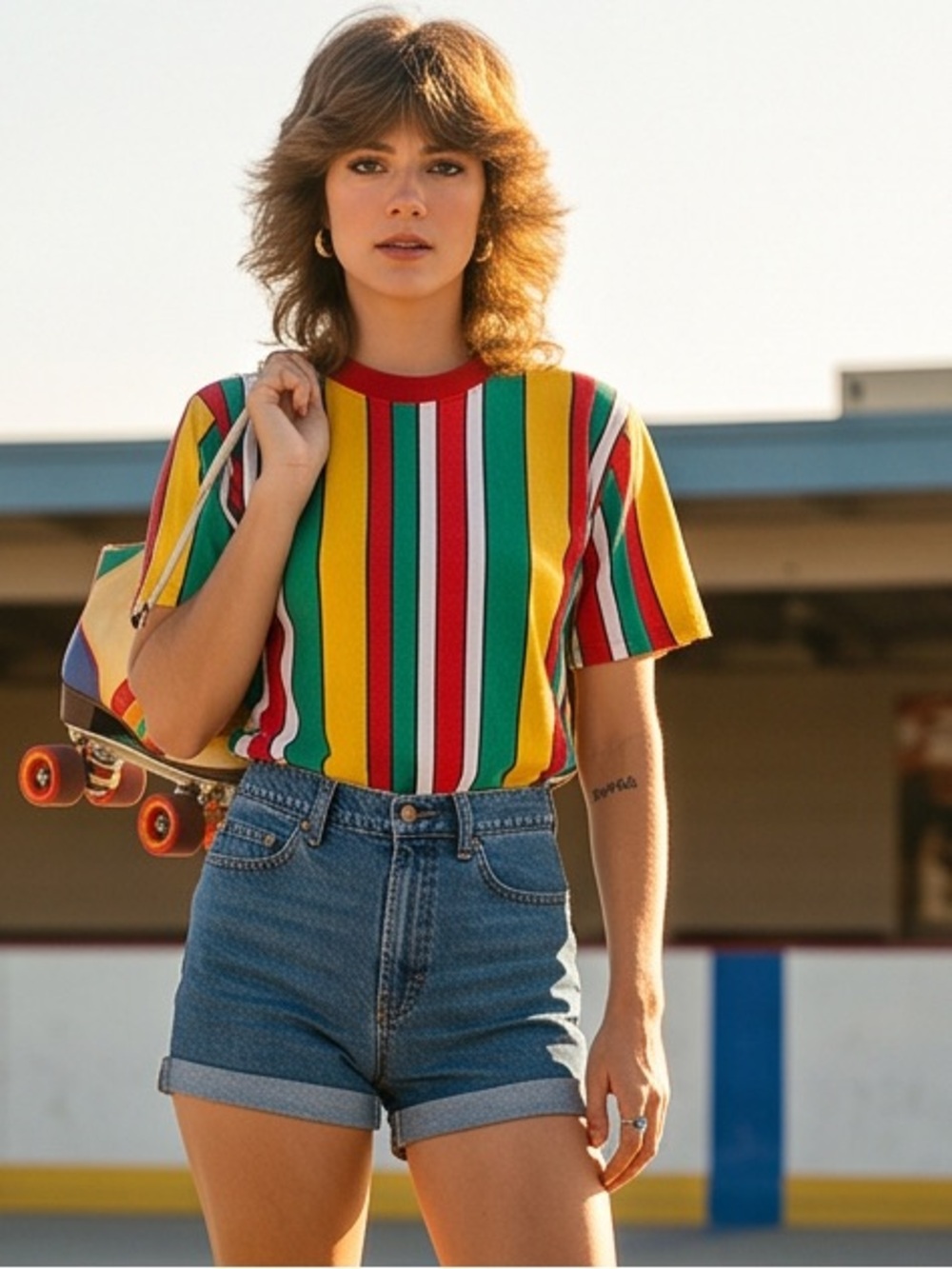 Sweet Girl Vintage 80s Multicolor Candy Stripe Short Sleeve Tee Green/Yellow/Red